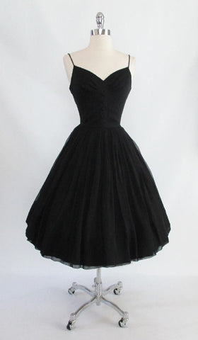 • Vintage 50's  / 60's Black Silk Chiffon Full Skirt Party Evening Cocktail Dress New Tags XS