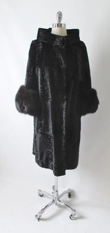 • Vintage Black Velvet Fox Fur Evening Swing Coat M  L