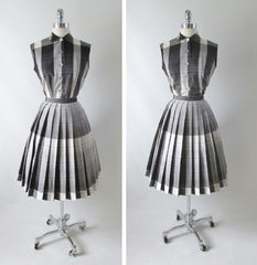 Vintage 50's Black White Grey Plaid Blouse Skirt Set S - Bombshell Bettys Vintage