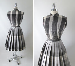 Vintage 50's Black White Grey Plaid Blouse Skirt Set S - Bombshell Bettys Vintage