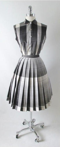Vintage 50's Black White Grey Plaid Blouse Skirt Set S