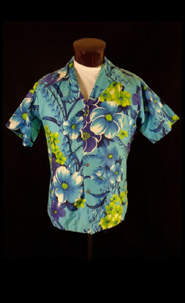 Vintage 50s 60s Blue Paradise Hawaii Floral Print Hawaiian