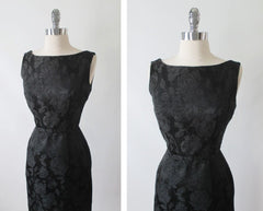 Vintage 50's Black Roses Classic Damask Dress Sheath Evening Party Dress S - Bombshell Bettys Vintage