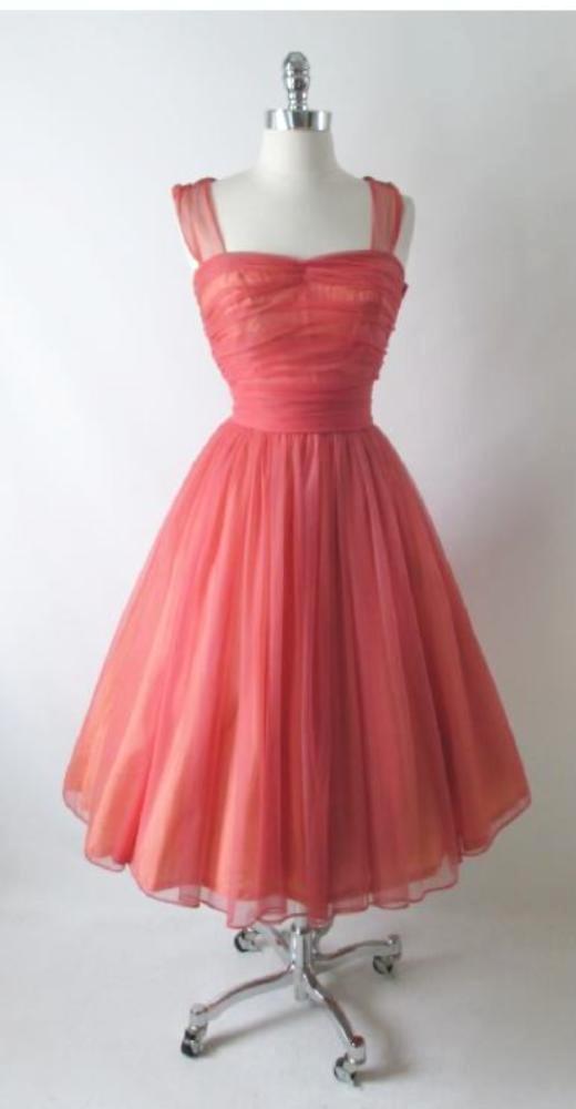 • Vintage 50's Coral Chiffon Full Skirt Party Dress S - Bombshell Bettys Vintage