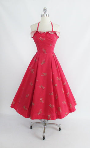 • Vintage 50's Watermellon Pink and Gold Petal Bust Full Swing Skirt Hawaiian Dress XS S