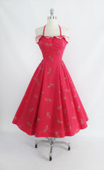 • Vintage 50's Watermellon Pink and Gold Petal Bust Full Swing Skirt Hawaiian Dress XS S - Bombshell Bettys Vintage