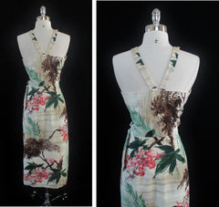 z Vintage 50's One of A Kind Hawaiian 40's Barkcloth Sarong Rhinestone Dress M - Bombshell Bettys Vintage