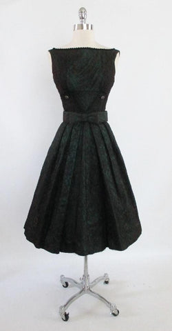• Vintage 50's Emerald Green Red Lace Swing Skirt Party Dress XS