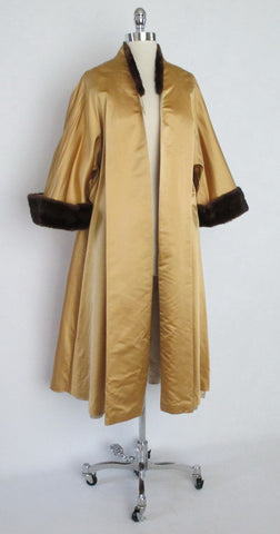 Vintage 50's Mink Trimmed Gold Brocade Evening Swing Jacket Coat One Size