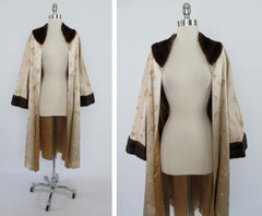 Vintage 50's Mink Trimmed Gold Brocade Evening Swing Jacket Coat One Size - Bombshell Bettys Vintage