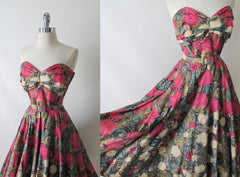 Vintage 50's Handpainted Gold Pink Flower Strapless Full Circle Skirt Dress S - Bombshell Bettys Vintage