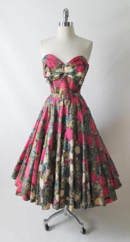 Vintage 50's Handpainted Gold Pink Flower Strapless Full Circle Skirt Dress S