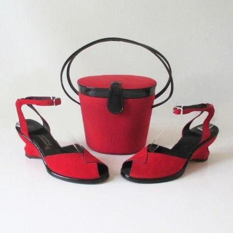 Vintage 50's Red Atomic Wedge Heels & Matching Bucket Bag Purse 6.5