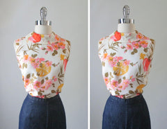Vintage 50's 60's Fruit Apple Orange Flower Print Blouse Top Shirt M - Bombshell Bettys Vintage