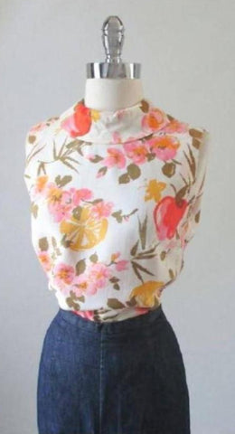 Vintage 50's 60's Fruit Apple Orange Flower Print Blouse Top Shirt M