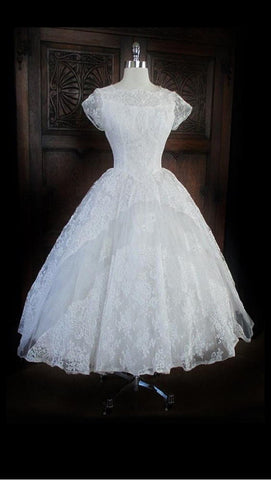 Vintage 50 White Illusion Lace Beaded Full Skirt Wedding Gown XS