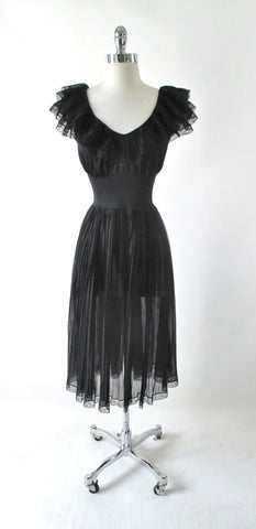 Vintage 50's Sheer Black Ruffled Nighty Nightgown M