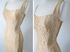 Vintage 50's Ecru Natural Lace Sheath Wiggle Special Occasion Dress S - Bombshell Bettys Vintage