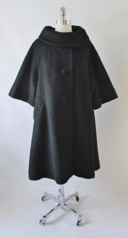 • Vintage 50's Lilli Ann Black Mohair Swing Trapeze Coat Jacket L XL