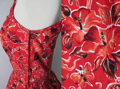 Vintage 50's Surfriders Red Flower Butterfly Hawaiian Tiki Luau Full Skirt Dress XS - Bombshell Bettys Vintage