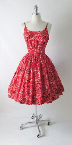 Vintage 50's Surfriders Red Flower Butterfly Hawaiian Tiki Luau Full Skirt Dress XS