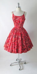 Vintage 50's Surfriders Red Flower Butterfly Hawaiian Tiki Luau Full Skirt Dress XS - Bombshell Bettys Vintage