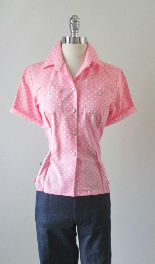 Vintage 50's Style Rockmount Ranchwear Pink White Polka Dot Western Shirt Blouse Top M - Bombshell Bettys Vintage
