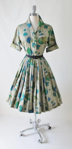 • Vintage 50's 60's Tan Blue Teal Floral Full Skirt Shirtwaist Day Dress L