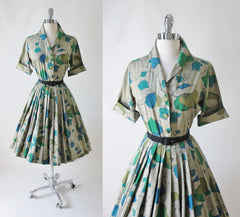 • Vintage 50's 60's Tan Blue Teal Floral Full Skirt Shirtwaist Day Dress L - Bombshell Bettys Vintage