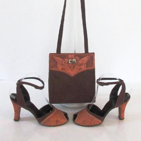 • Vintage 50's Tooled Leather Brown Suede Peep Toe Heels Matching Handbag Purse 8