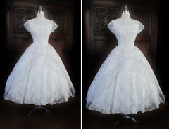 Vintage 50 White Illusion Lace Beaded Full Skirt Wedding Gown XS - Bombshell Bettys Vintage
