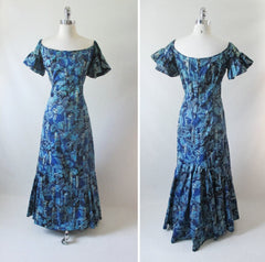 • Vintage 50's Alfred Shaheen Tiki God Mermaid Dress Rare Print L - Bombshell Bettys Vintage