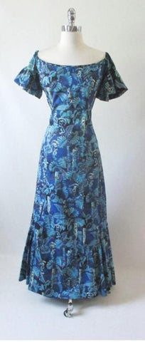 • Vintage 50's Alfred Shaheen Tiki God Mermaid Dress Rare Print L