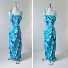 Vintage Late 60's Blue Hawaiian Sarong 50's Style Dress Full Length Strapless Gown M S - Bombshell Bettys Vintage