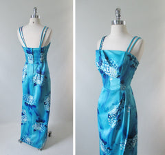 Vintage Late 60's Blue Hawaiian Sarong 50's Style Dress Full Length Strapless Gown M S - Bombshell Bettys Vintage