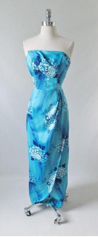 Vintage Late 60's Blue Hawaiian Sarong 50's Style Dress Full Length Strapless Gown M S