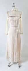 Vintage 60's Off White Crochet Lace Dress Velvet Trim Maxi Dress S - Bombshell Bettys Vintage