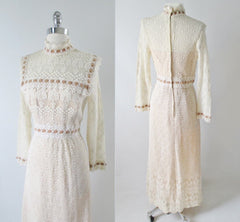 Vintage 60's Off White Crochet Lace Dress Velvet Trim Maxi Dress S - Bombshell Bettys Vintage