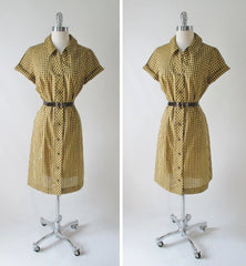 Vintage Early 60's Brown Yellow Gingham Plaid Shirt Button Day Dress & Belt M - Bombshell Bettys Vintage