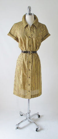Vintage 60's Yellow Gingham Plaid  Day Dress & Belt M