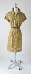 Vintage Early 60's Brown Yellow Gingham Plaid Shirt Button Day Dress & Belt M - Bombshell Bettys Vintage