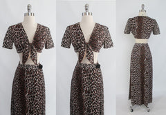 • Vintage 60's Leopard Print Tie Bra Top and Long Wrap Skirt Nightgown Lounge set XS - Bombshell Bettys Vintage
