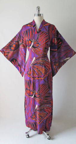 Vintage 60's Madame Butterfly Print Batwing Kimono Tunic Dress Gown