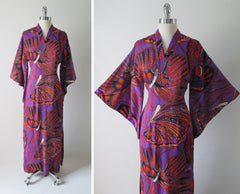 Vintage 60's Madame Butterfly Print Batwing Kimono Tunic Dress Gown - Bombshell Bettys Vintage