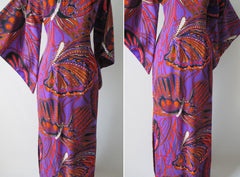 Vintage 60's Madame Butterfly Print Batwing Kimono Tunic Dress Gown - Bombshell Bettys Vintage