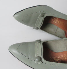 Vintage 60s Mint Green Loafer Stacked Heels Shoes 7 - 7.5 - Bombshell Bettys Vintage