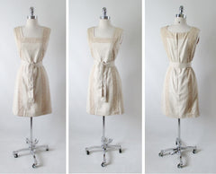 Vintage 60's Natural Tan & Lace Shift Dress Matching Belt S - Bombshell Bettys Vintage