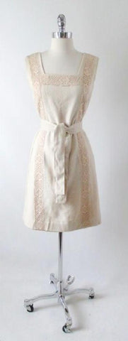 Vintage 60's Natural Tan & Lace Shift Dress Matching Belt S