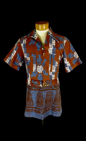 Vintage 60s Iolani Red Barkcloth Belted Hawaiian Shirt