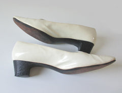 Vintage 60's MOD Black Polka Dot White Patent Heels Shoes 9 - Bombshell Bettys Vintage
